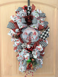 Gnome Door Swag, Merry Christmas, Black, and White Buffalo Plaid, Ribbon, and Evergreen Teardrop Swag.