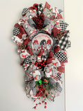 Gnome Door Swag, Merry Christmas, Black, and White Buffalo Plaid, Ribbon, and Evergreen Teardrop Swag.