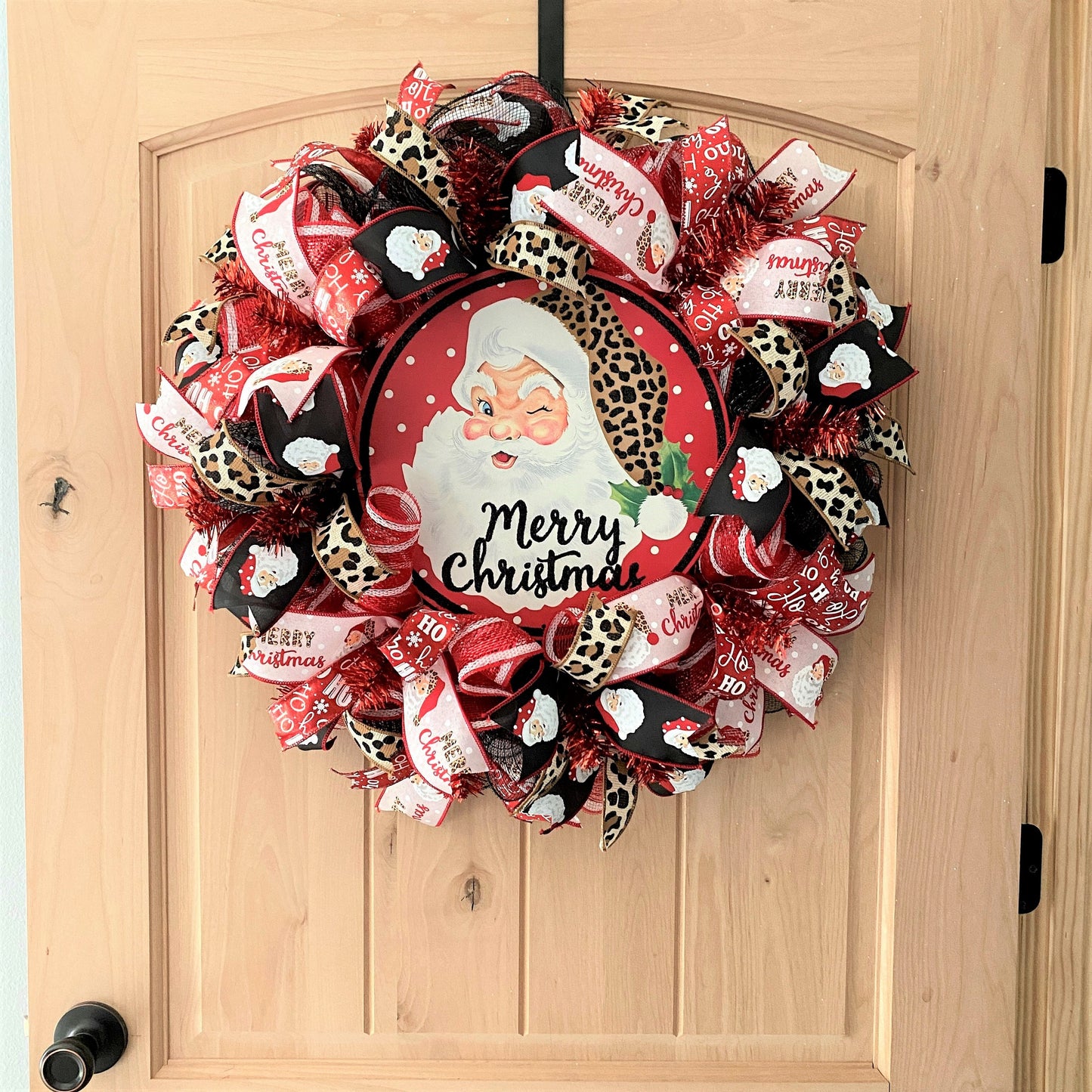 Merry Christmas Santa Wreath, Leopard, Red, Black, Pink, Brown, Gold, Deco Mesh and Wired Ribbons, Large