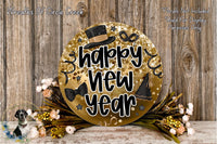 A decorative sign with the text "Happy New Year" in a festive style, surrounded by a wreath of flowers and a wooden background.