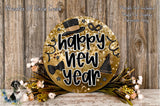 A decorative sign with the text "Happy New Year" in a festive style, surrounded by a wreath of flowers and a wooden background.