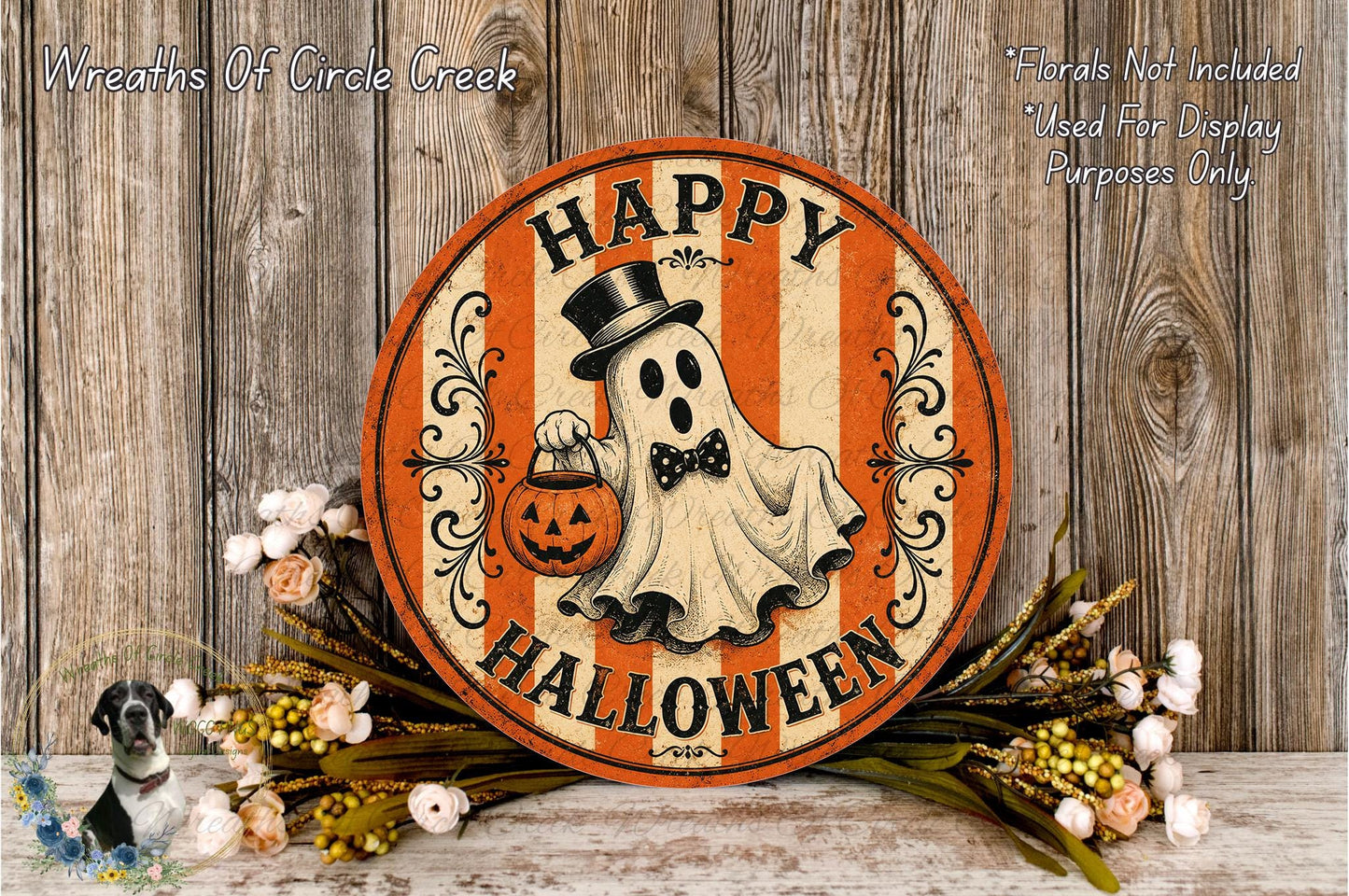 A Halloween-themed sign with a ghost holding a jack-o-lantern, surrounded by flowers and a wooden background.