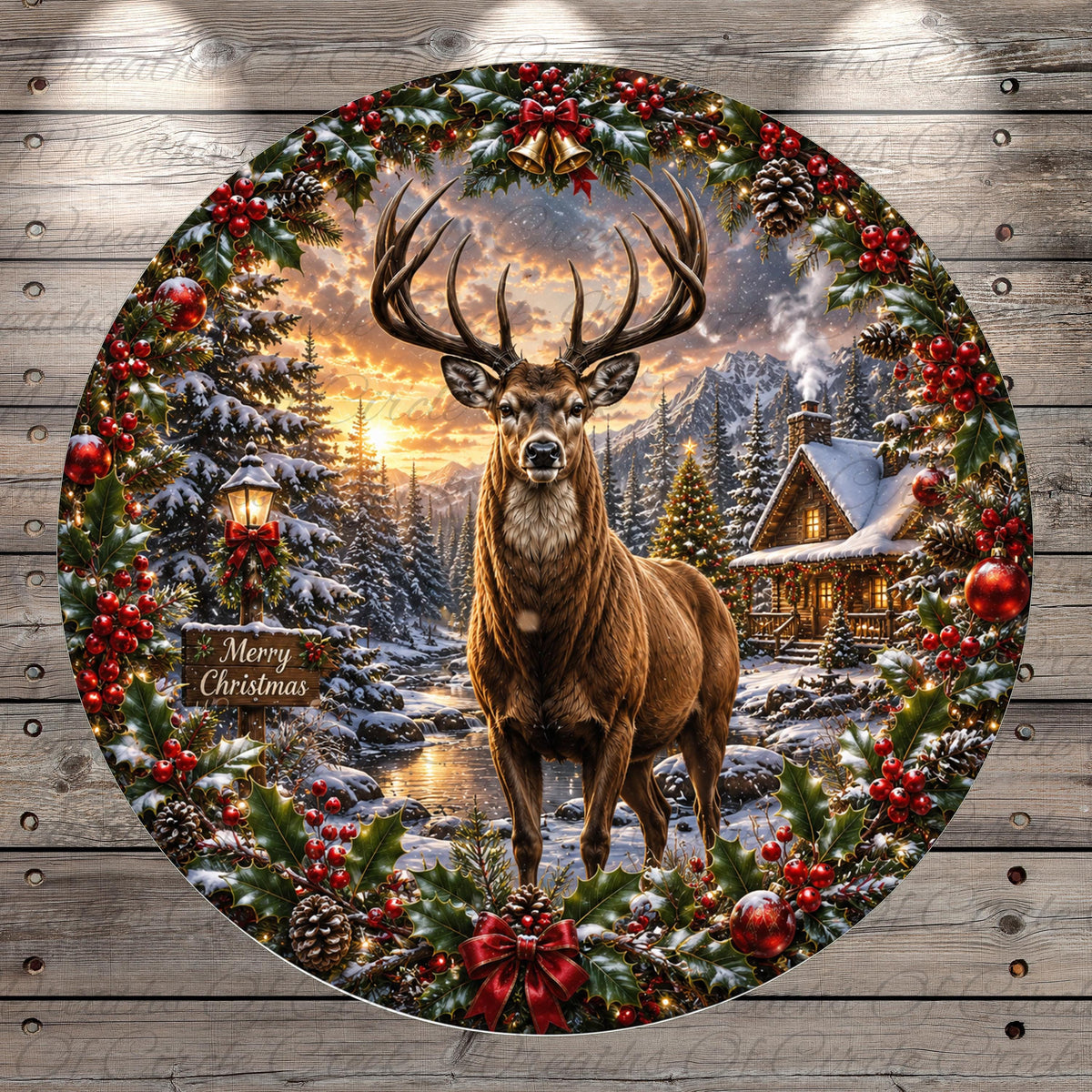 A deer stands in a snowy forest, surrounded by a wreath of berries and pine cones, with a cabin in the background and a "Merry Christmas" sign.