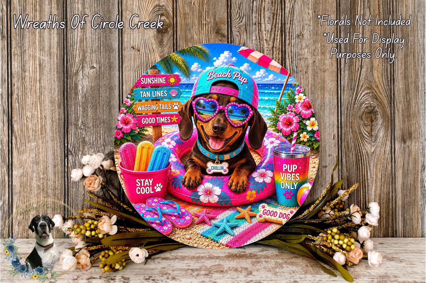 A colorful and whimsical wreath featuring a dog wearing sunglasses and a hat, surrounded by beach-themed items such as a beach ball, sunglasses, and a cup of iced tea.