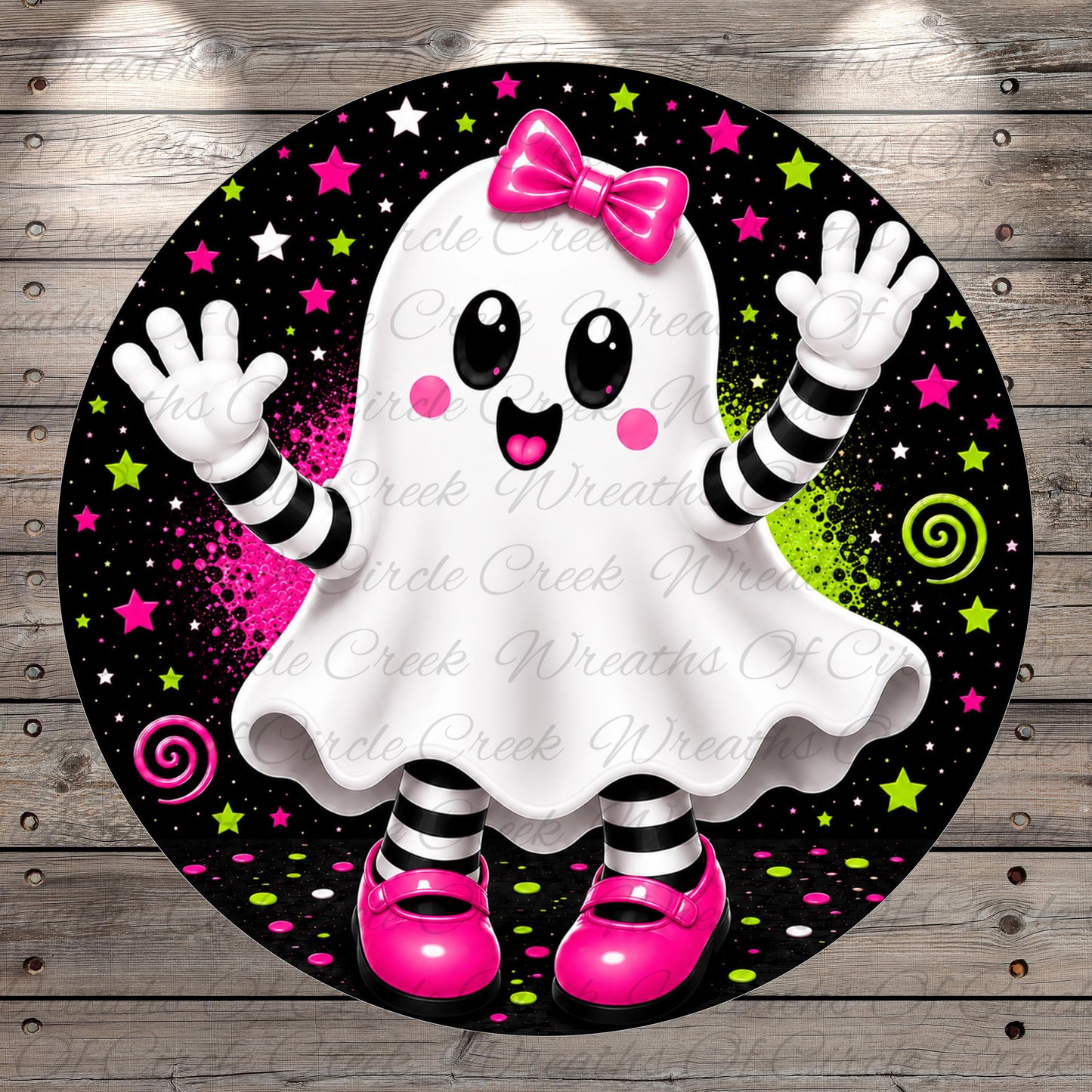 A whimsical, cartoon-like ghost character with a pink bow and striped sleeves is surrounded by stars, swirls, and other Halloween-themed elements.