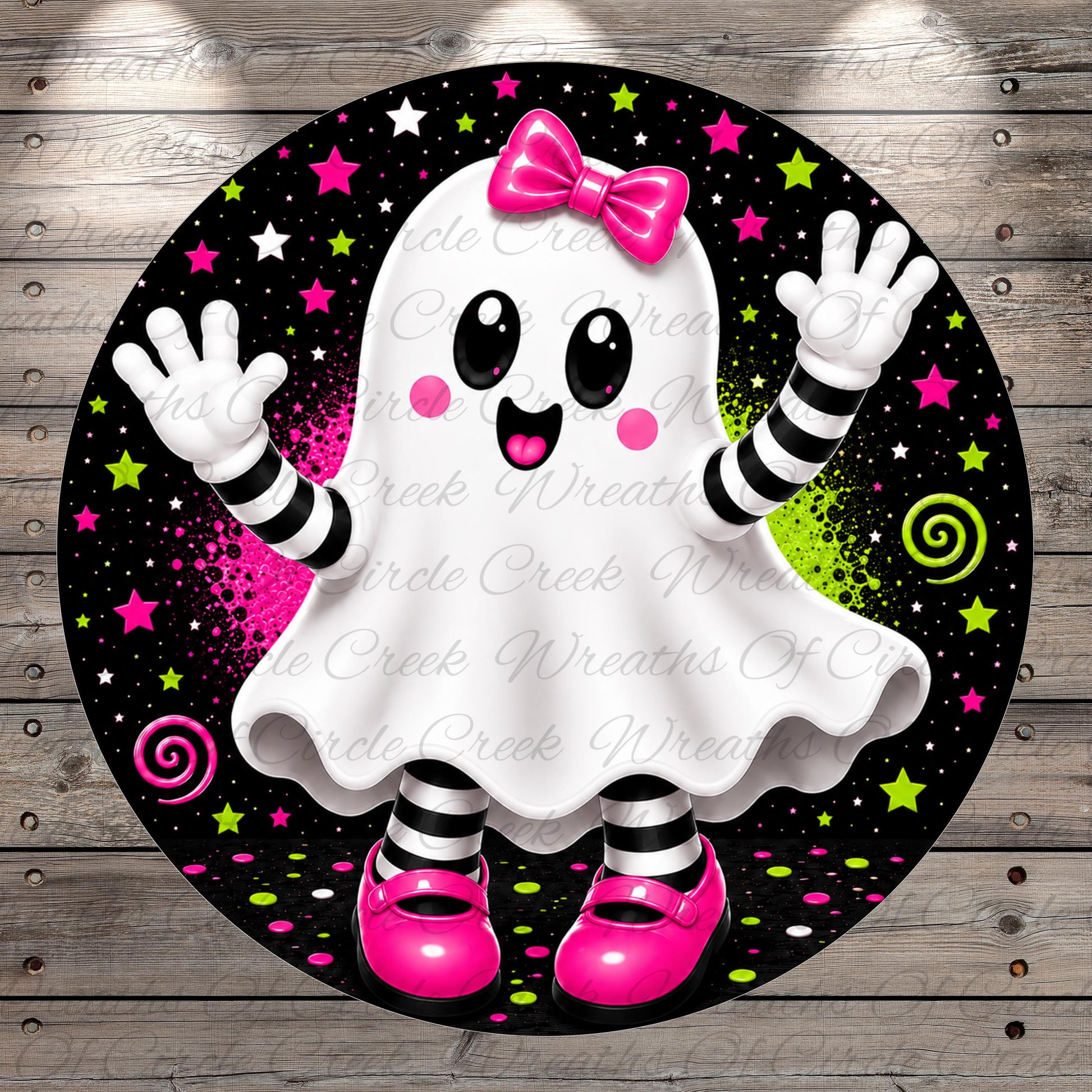 A whimsical, cartoon-like ghost character with a pink bow and striped sleeves is surrounded by stars, swirls, and other Halloween-themed elements.