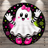 A whimsical, cartoon-like ghost character with a pink bow and striped sleeves is surrounded by stars, swirls, and other Halloween-themed elements.