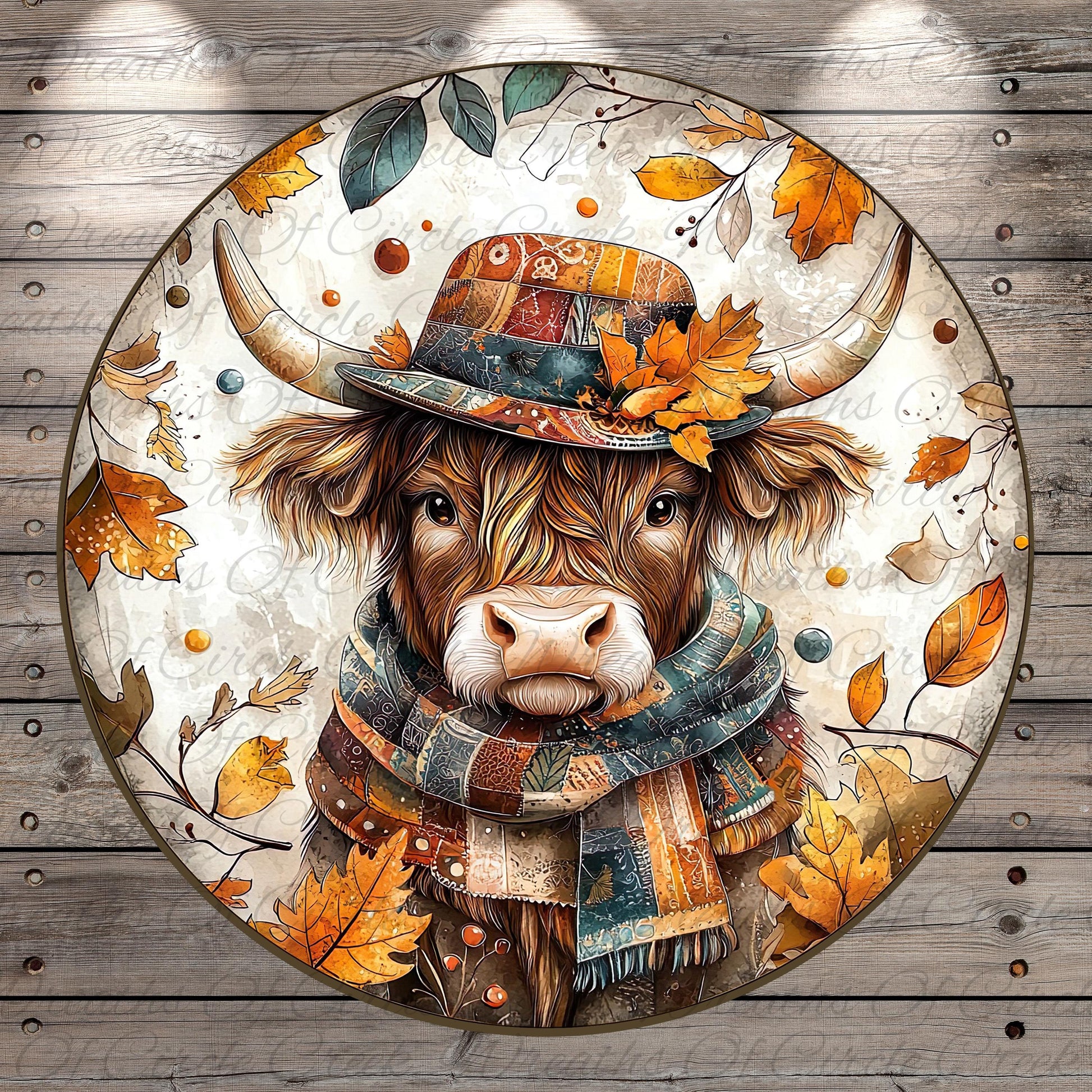 A cow wearing a colorful hat and scarf, surrounded by autumn leaves and branches, is depicted in the image.
