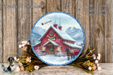 A round, decorative plate featuring a winter scene with a red barn, a horse, and snow-covered mountains in the background. The plate is surrounded by a wreath of flowers and greenery, and the text "Wreaths Of Circle Creek" and "Flowers Not Included Used For Display Purposes Only" is visible.