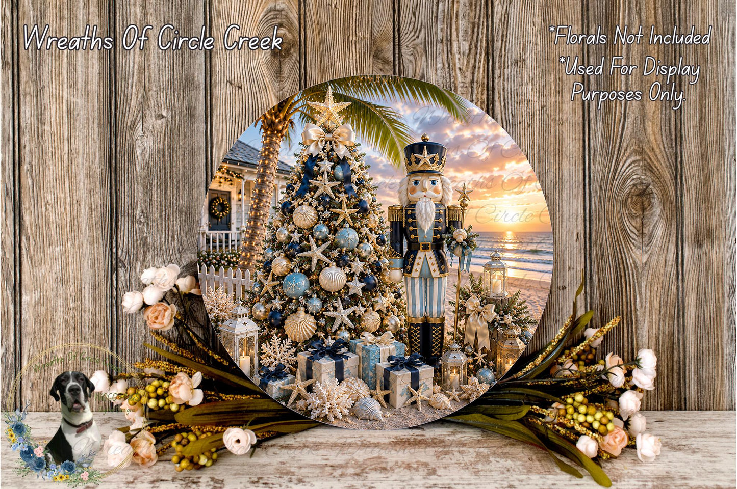 A circular arrangement of a Christmas tree, nutcracker, and various ornaments, surrounded by flowers and a sunset backdrop, set against a wooden wall.