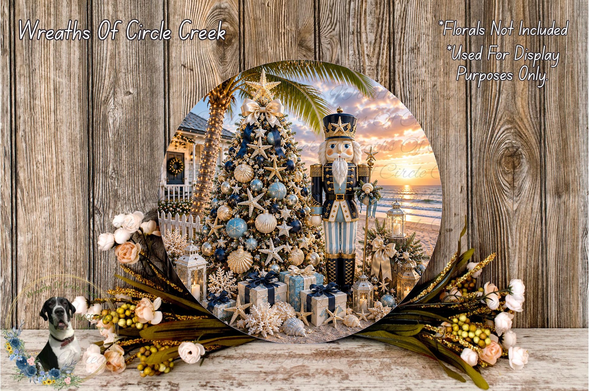 A circular arrangement of a Christmas tree, nutcracker, and various ornaments, surrounded by flowers and a sunset backdrop, set against a wooden wall.