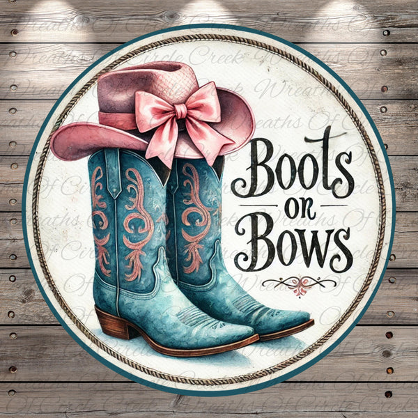 A circular design featuring a pair of blue cowboy boots with a pink bow on the front, accompanied by the text "Boots on Bows" in a decorative font.