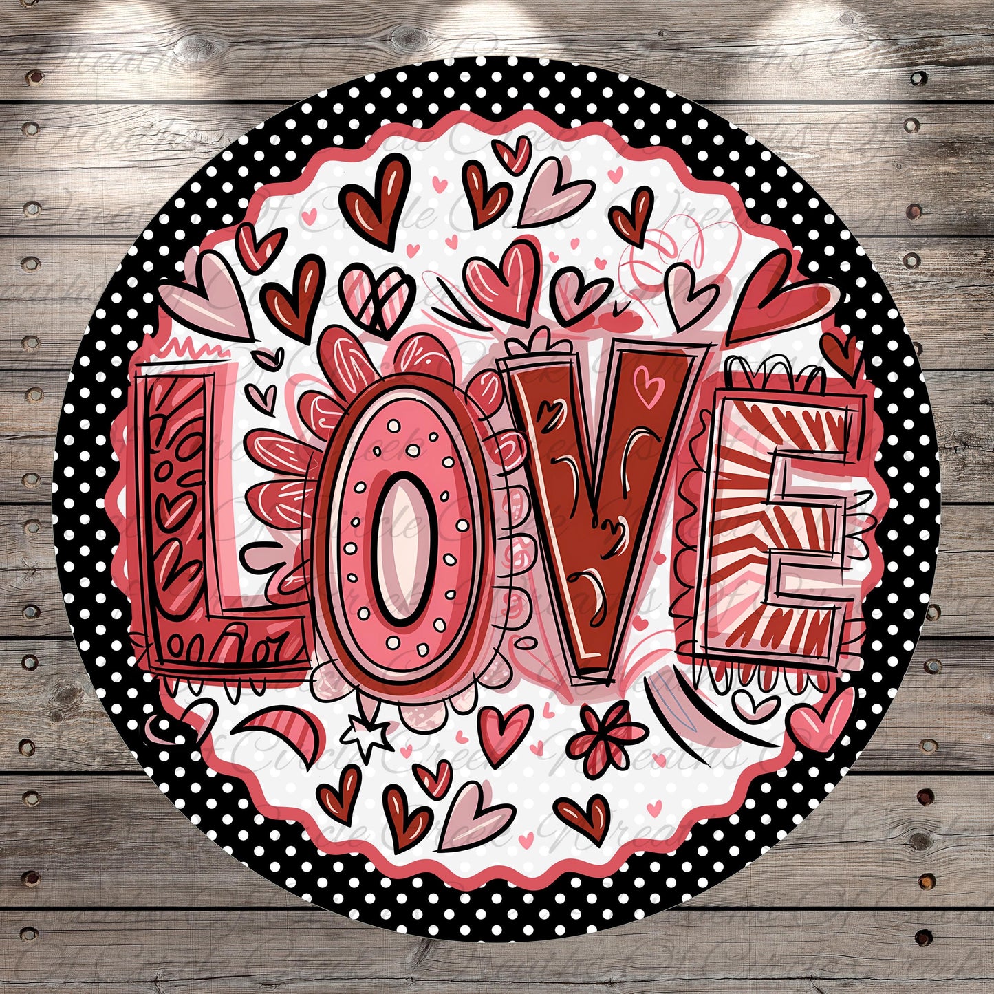 a circular design with the word "LOVE" prominently displayed in the center. The design is surrounded by various heart shapes in shades of pink and red, creating a vibrant and festive atmosphere.