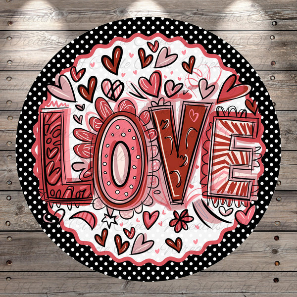 a circular design with the word "LOVE" prominently displayed in the center. The design is surrounded by various heart shapes in shades of pink and red, creating a vibrant and festive atmosphere.