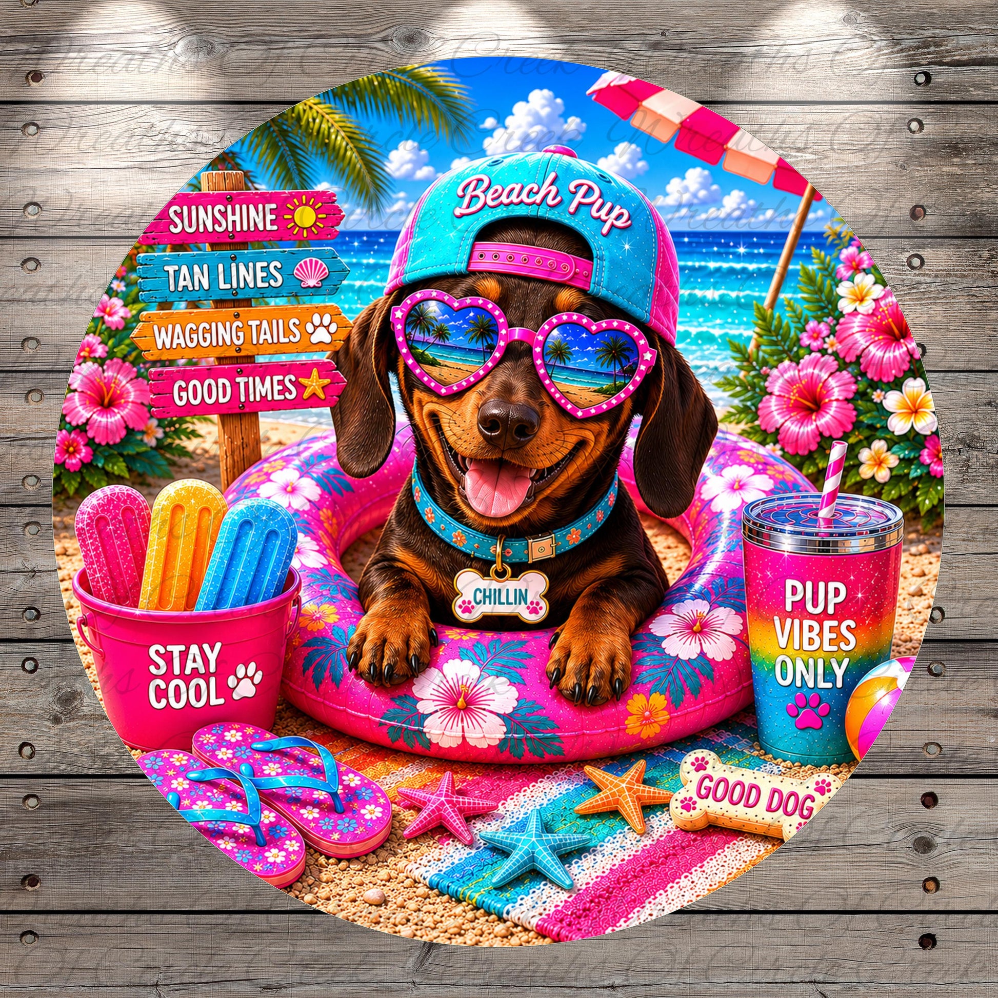 A dog wearing sunglasses and a hat, sitting on a beach float surrounded by beach-themed items such as a cup, a starfish, and a flip flop.