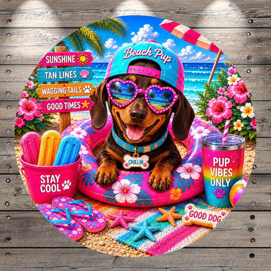 A dog wearing sunglasses and a hat, sitting on a beach float surrounded by beach-themed items such as a cup, a starfish, and a flip flop.