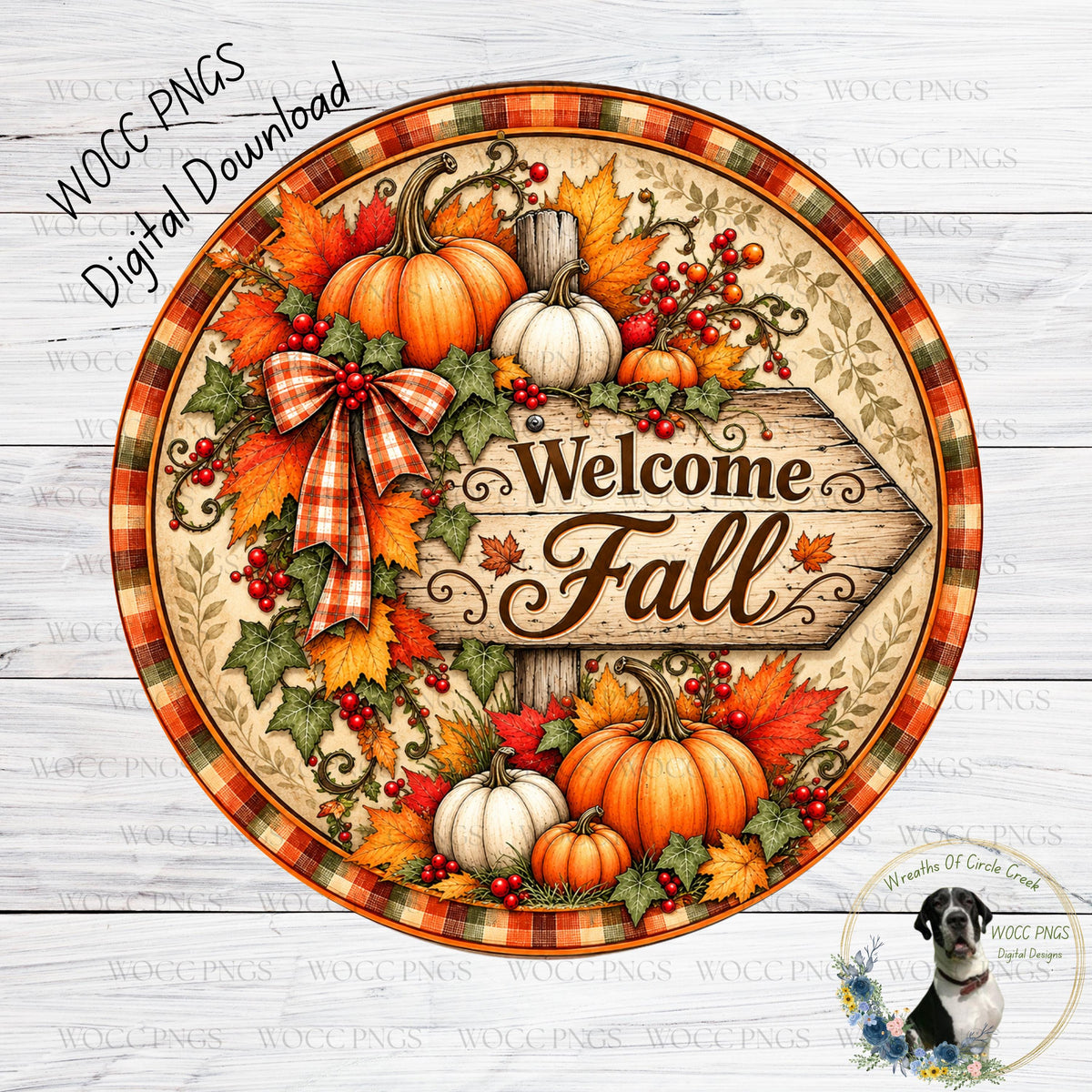 The image is a decorative sign featuring a welcome message for fall, surrounded by autumn leaves, pumpkins, and berries.