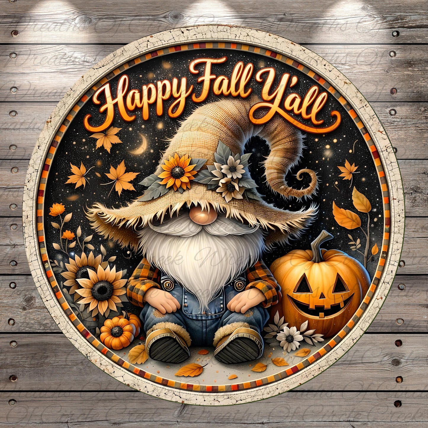 A gnome wearing a straw hat and holding a pumpkin, surrounded by autumn leaves and flowers, with the text "Happy Fall Y'all" written above.