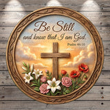 a wooden cross surrounded by flowers and leaves, with a religious text overlay.