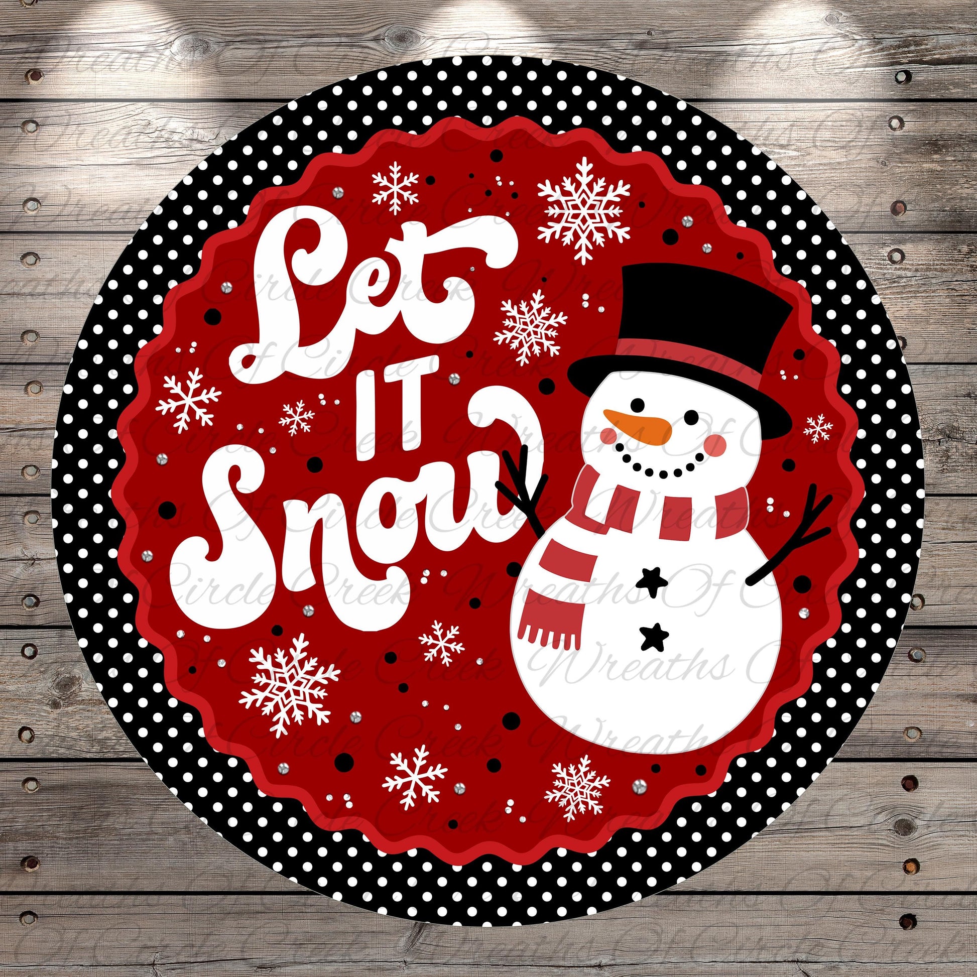 A snowman wearing a top hat and scarf, with the text "Let it snow" written on a red background with white polka dots.