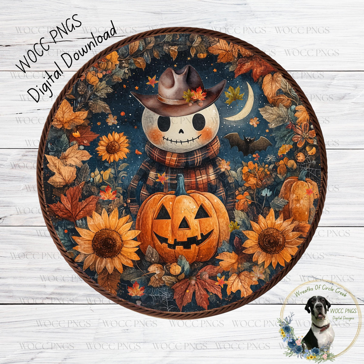 A Halloween-themed wreath with a skeleton figure, a jack-o-lantern, and autumn leaves, along with a dog in the corner.