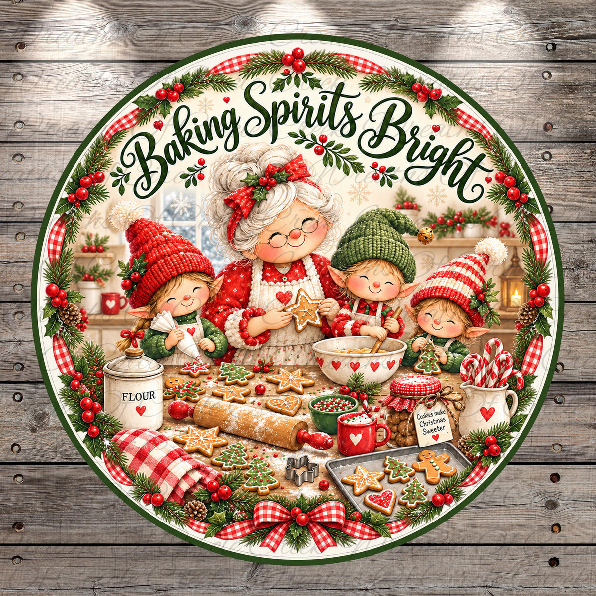A festive holiday scene featuring a group of people, including a woman and children, baking cookies and other treats around a table filled with various holiday decorations and ingredients.