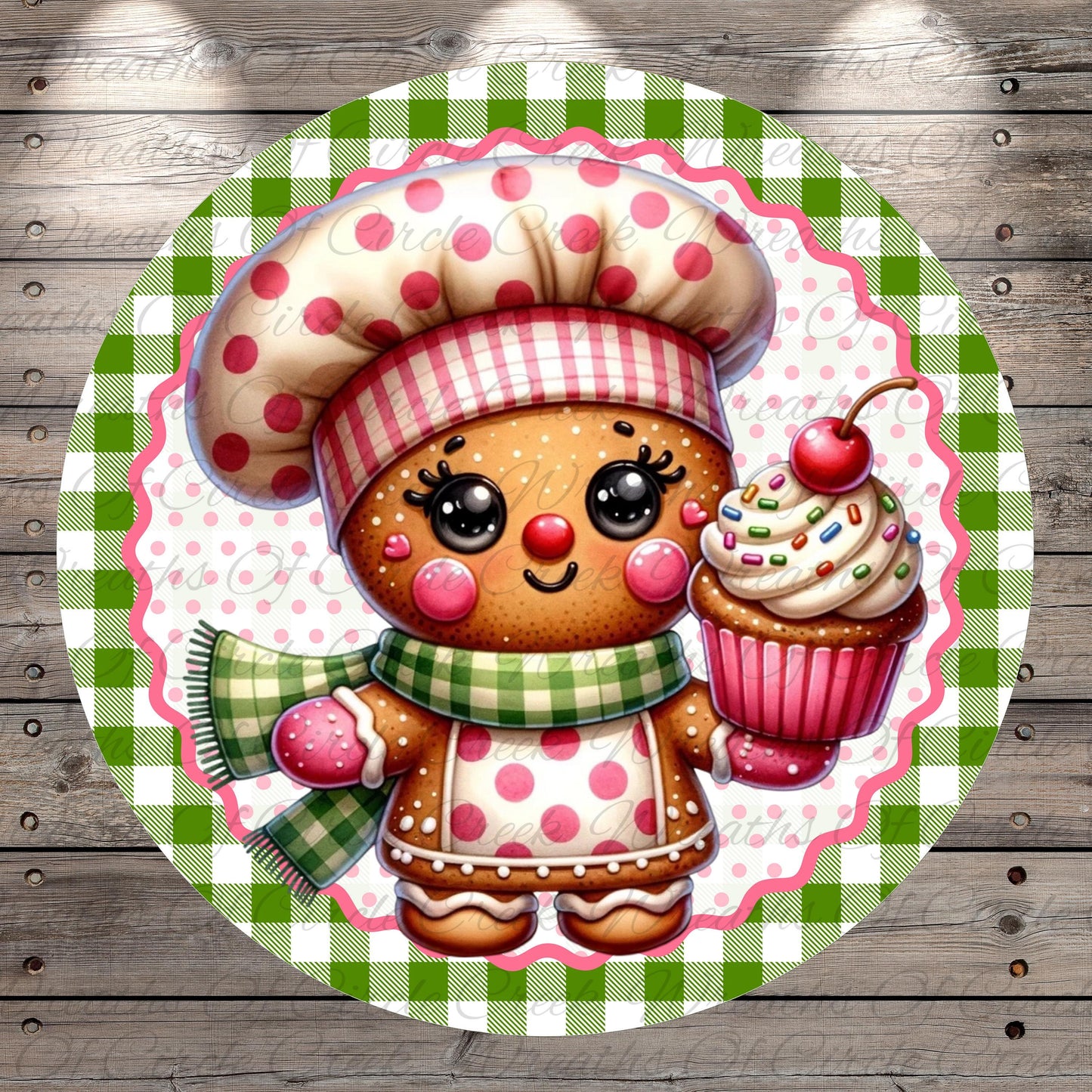 A whimsical illustration of a gingerbread man wearing a chef's hat and holding a cupcake, set against a green and white checkered background.