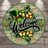 a circular sign with a green top hat, surrounded by various Irish-themed elements such as clovers, flowers, and the word "Welcome".