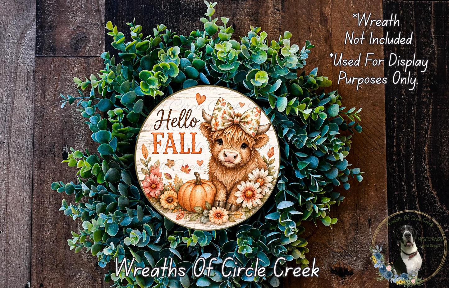 a wreath with a cow wearing a bow, surrounded by greenery and flowers, with the text "Hello Fall" and "Wreaths of Circle Creek" displayed.