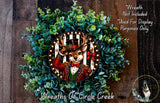 A wreath featuring a deer wearing a top hat and coat, surrounded by greenery.