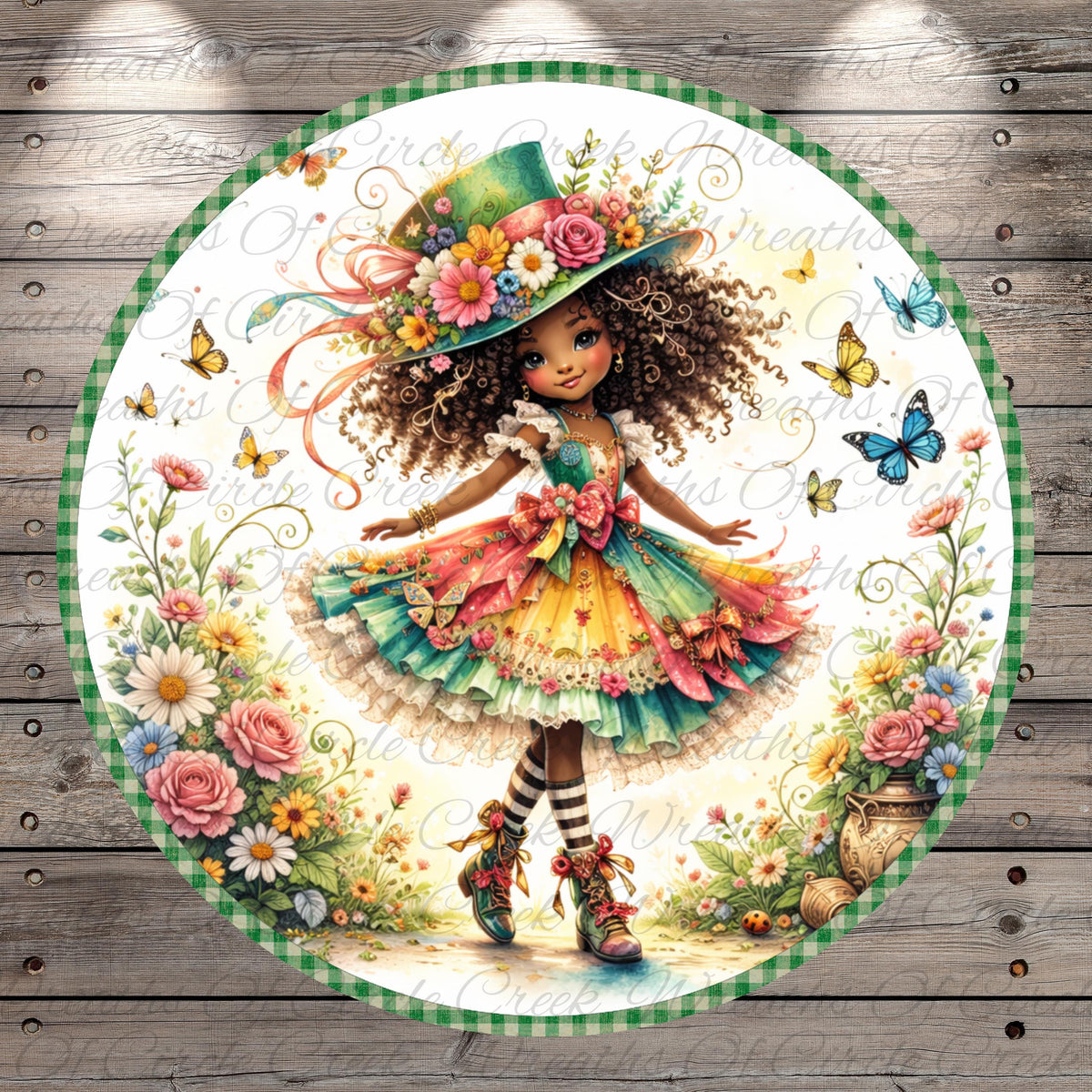 A whimsical illustration of a young girl with curly hair, wearing a colorful dress and a hat adorned with flowers, surrounded by a lush garden filled with flowers, butterflies, and a winding path.