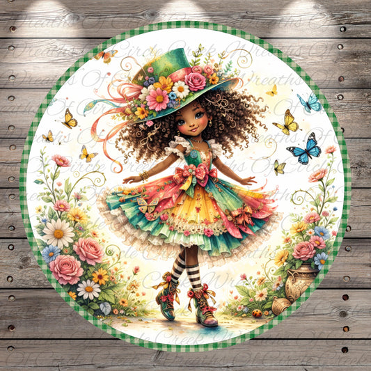 A whimsical illustration of a young girl with curly hair, wearing a colorful dress and a hat adorned with flowers, surrounded by a lush garden filled with flowers, butterflies, and a winding path.