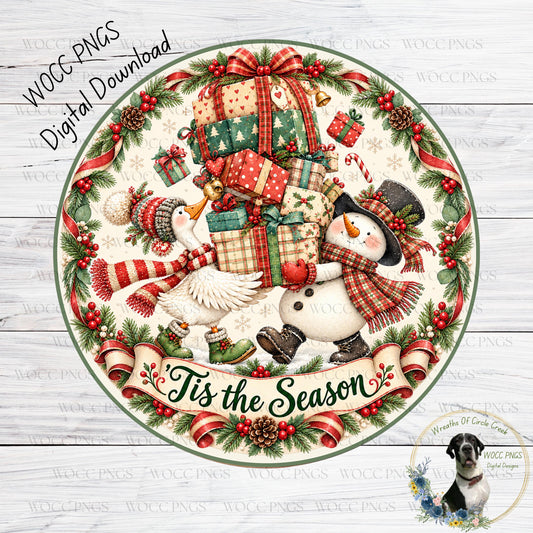 The image is a festive Christmas-themed illustration featuring a snowman, a goose, and a pile of wrapped presents. The text "Tis the Season" is displayed below the illustration, and the image is described as a digital download.