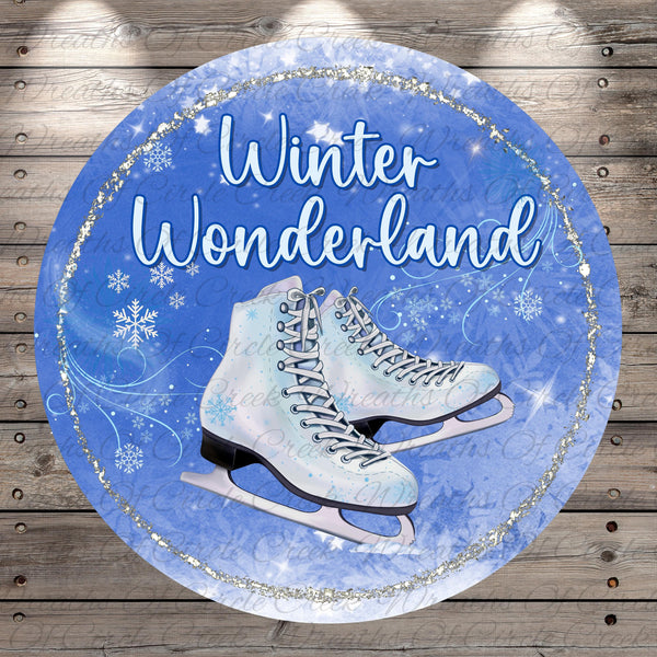 A pair of white ice skates on a blue background with snowflakes and the text "Winter Wonderland" written in cursive.