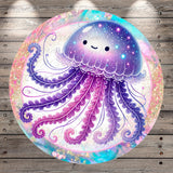 A colorful and whimsical illustration of a jellyfish with a face, surrounded by intricate patterns and designs in shades of purple, pink, and blue.