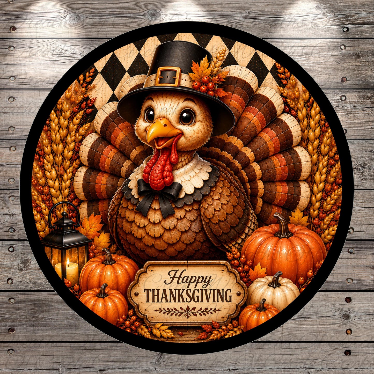 A cheerful turkey wearing a black top hat and a red bow tie, surrounded by pumpkins, gourds, and autumn leaves, with a "Happy Thanksgiving" sign in the center.