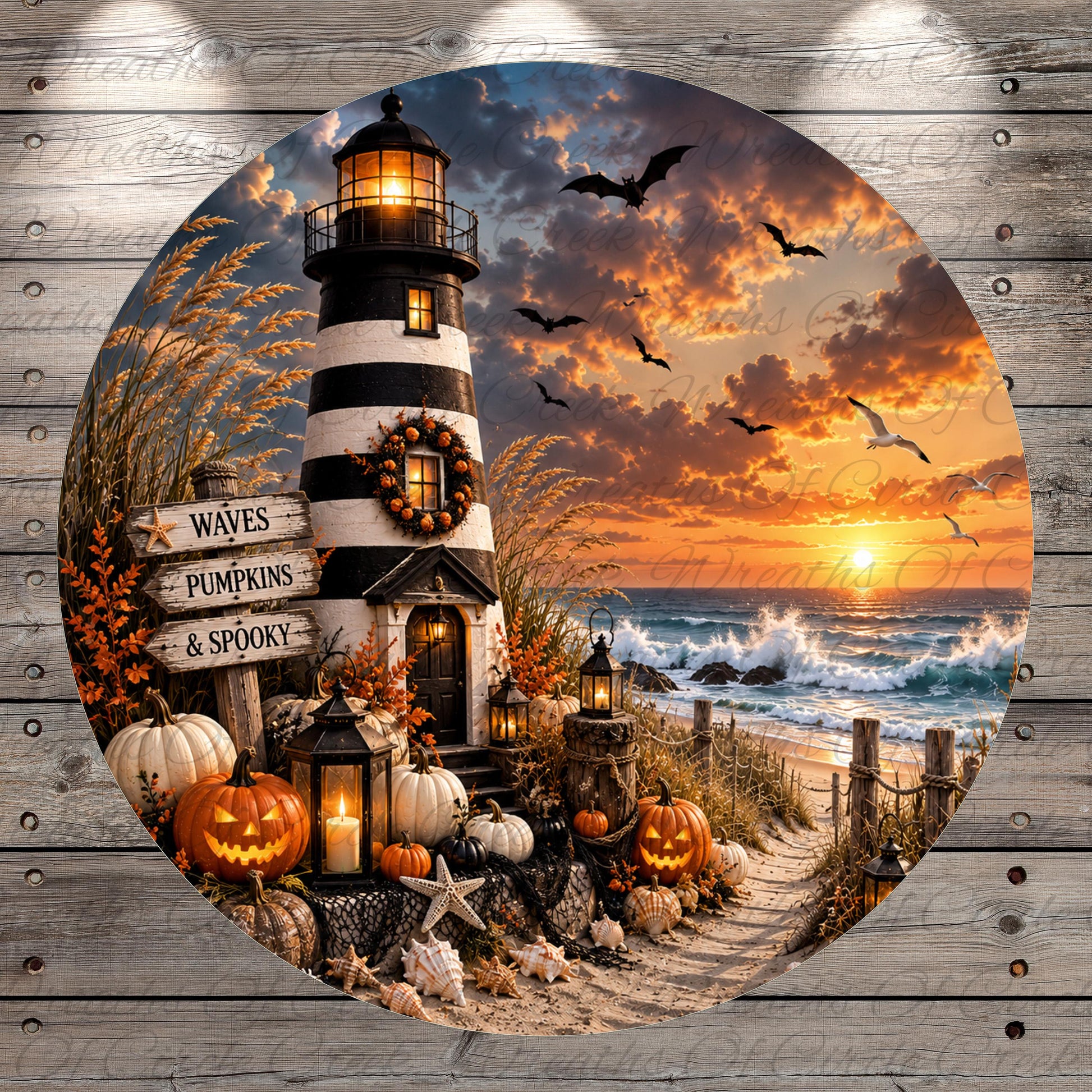 A lighthouse with a sign that reads "Waves, Pumpkins, & Spooky" stands on a beach at sunset, surrounded by pumpkins, lanterns, and bats flying overhead.