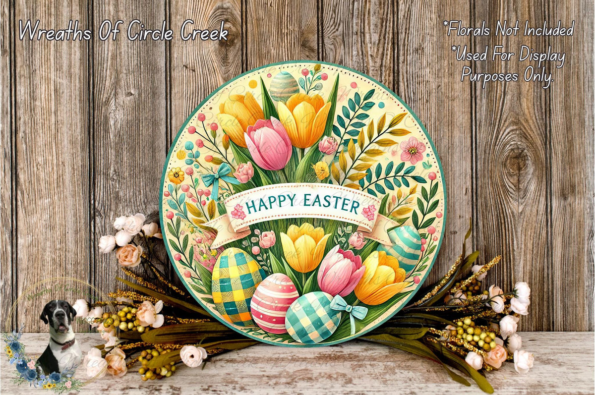A decorative Easter wreath with a floral arrangement and Easter eggs, placed on a wooden surface.