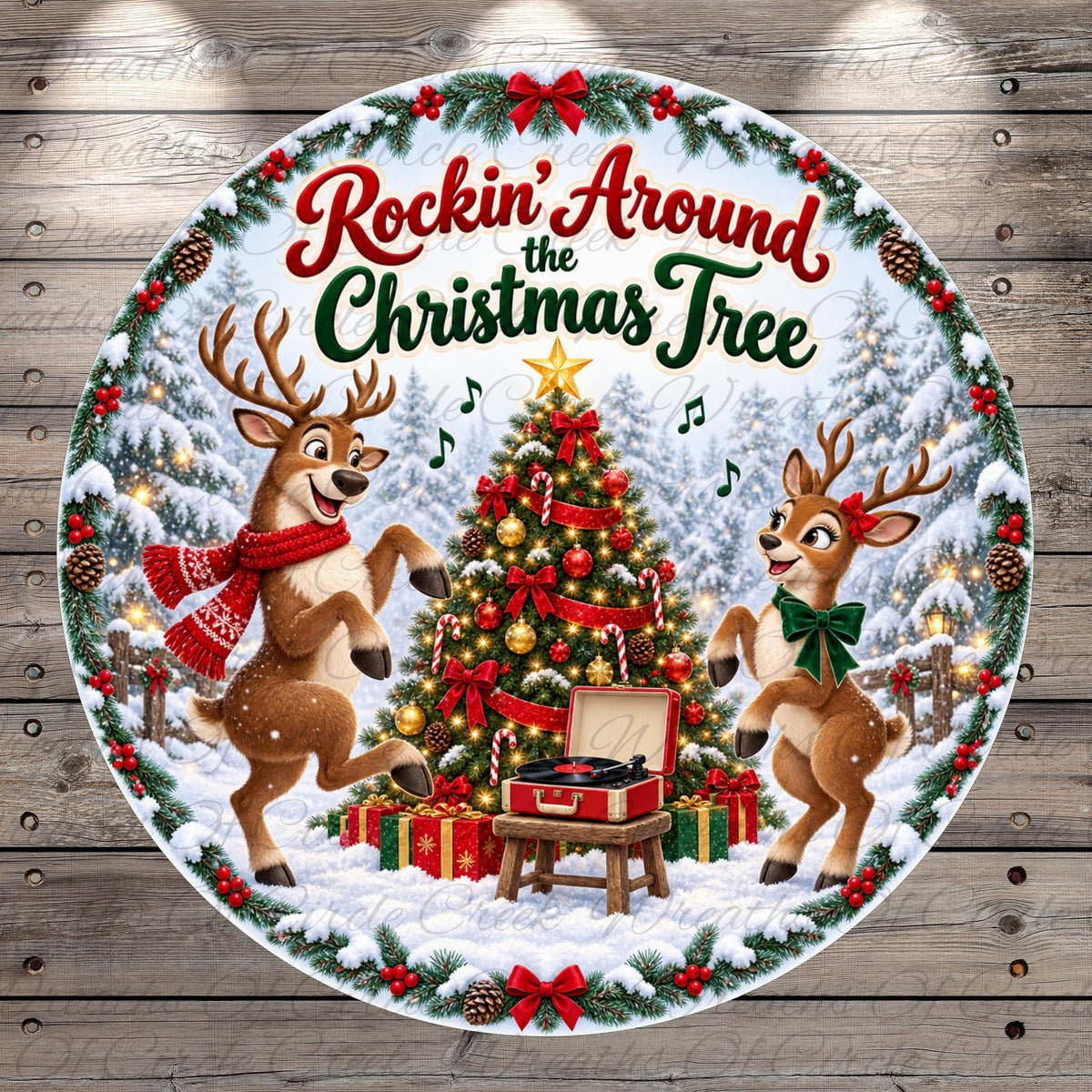 A festive Christmas scene with two cartoon reindeer dancing around a decorated Christmas tree, surrounded by a wreath and presents.