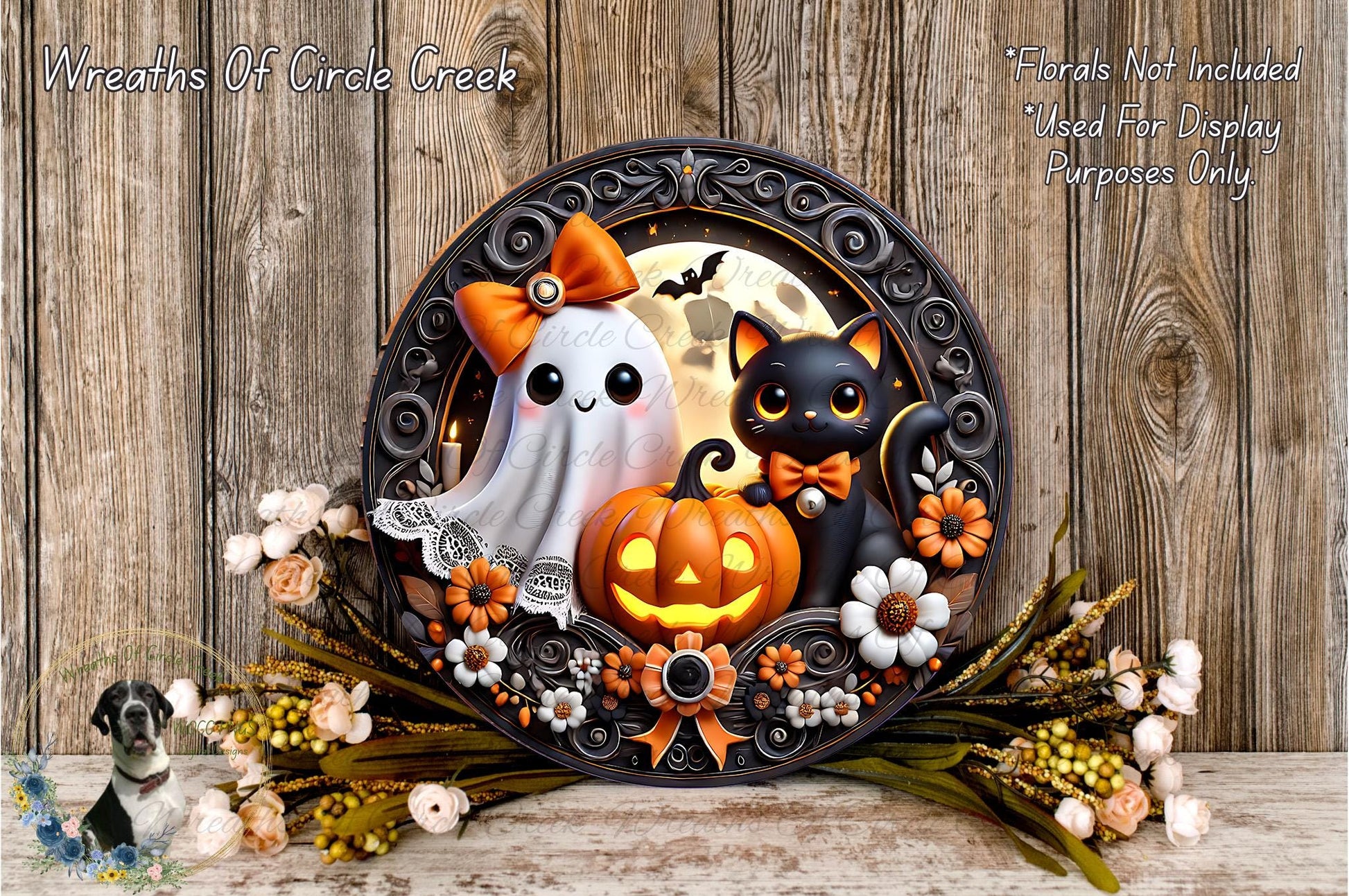 A Halloween-themed wreath featuring a ghost, a cat, a pumpkin, and flowers, with a wooden background.