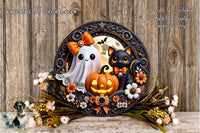 A Halloween-themed wreath featuring a ghost, a cat, a pumpkin, and flowers, with a wooden background.