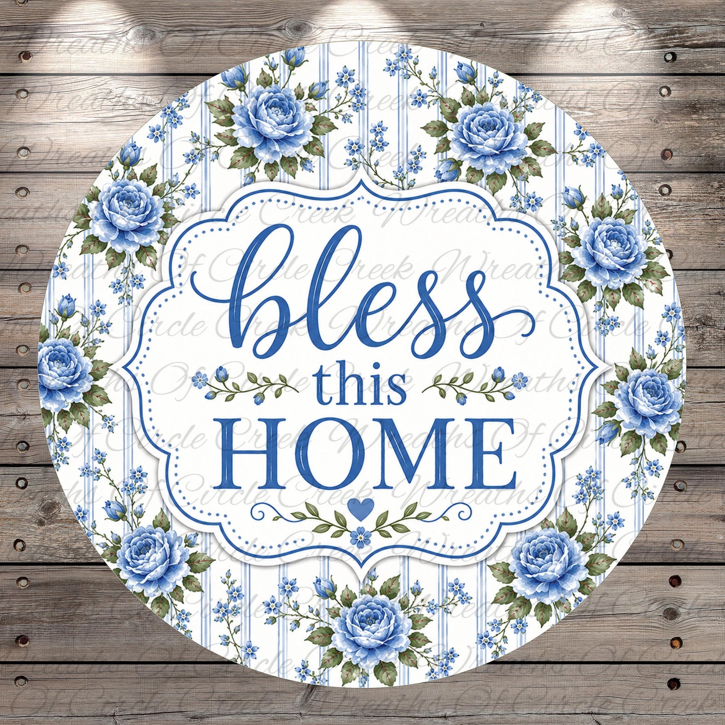 A round sign with a floral border and the text "bless this home" in blue and white.