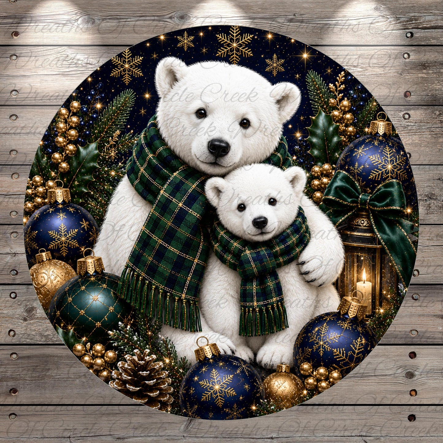 A festive Christmas scene featuring two white polar bears, one larger and one smaller, surrounded by ornaments, pine cones, and a lantern, all set against a dark night sky with snowflakes.
