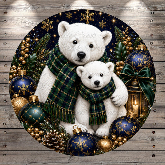 A festive Christmas scene featuring two white polar bears, one larger and one smaller, surrounded by ornaments, pine cones, and a lantern, all set against a dark night sky with snowflakes.