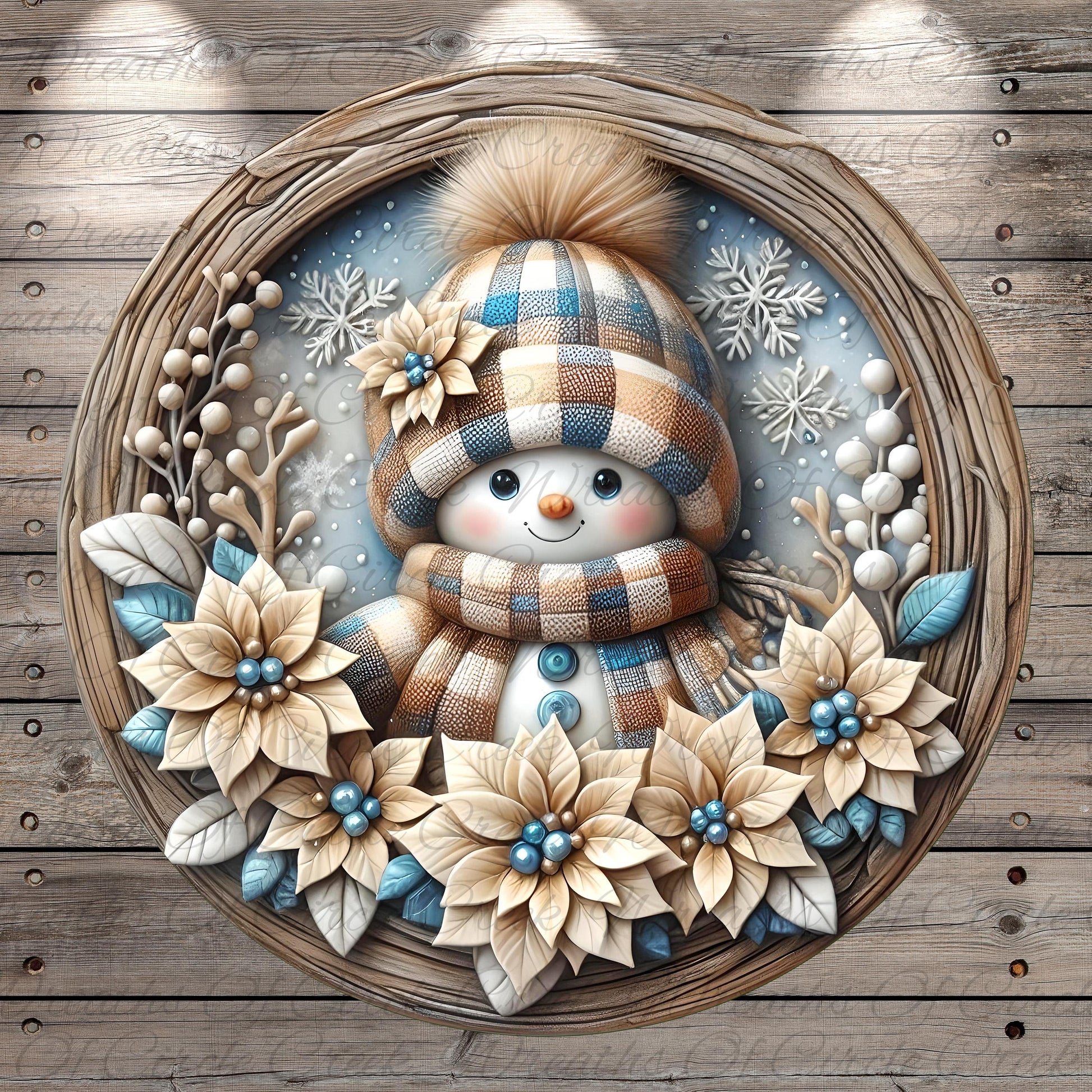 A snowman wearing a plaid hat and scarf, surrounded by a wreath of flowers and snowflakes, is displayed in a circular frame against a wooden background.