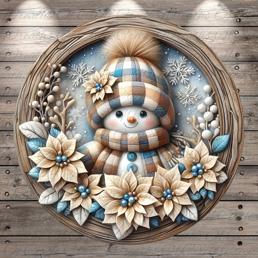 A snowman wearing a plaid hat and scarf, surrounded by a wreath of flowers and snowflakes, is displayed in a circular frame against a wooden background.