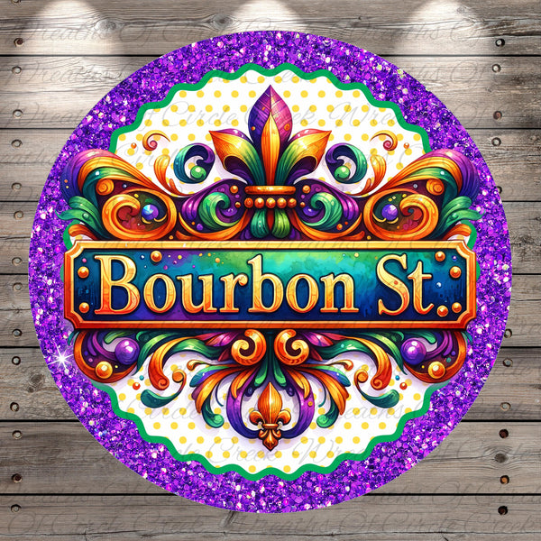 a circular sign with a decorative border and a vibrant, colorful design. The sign prominently displays the text "Bourbon St.", surrounded by a glittery purple border.