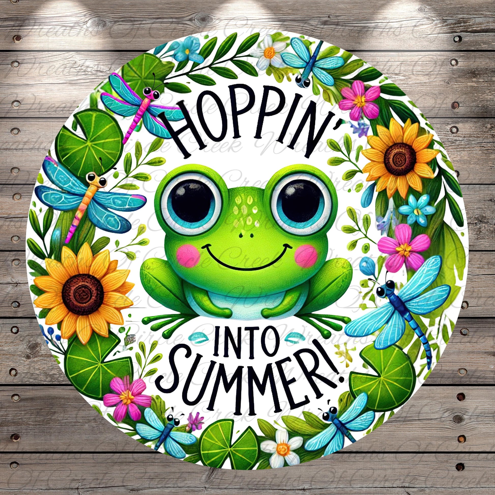 a sticker with a frog and flowers on it