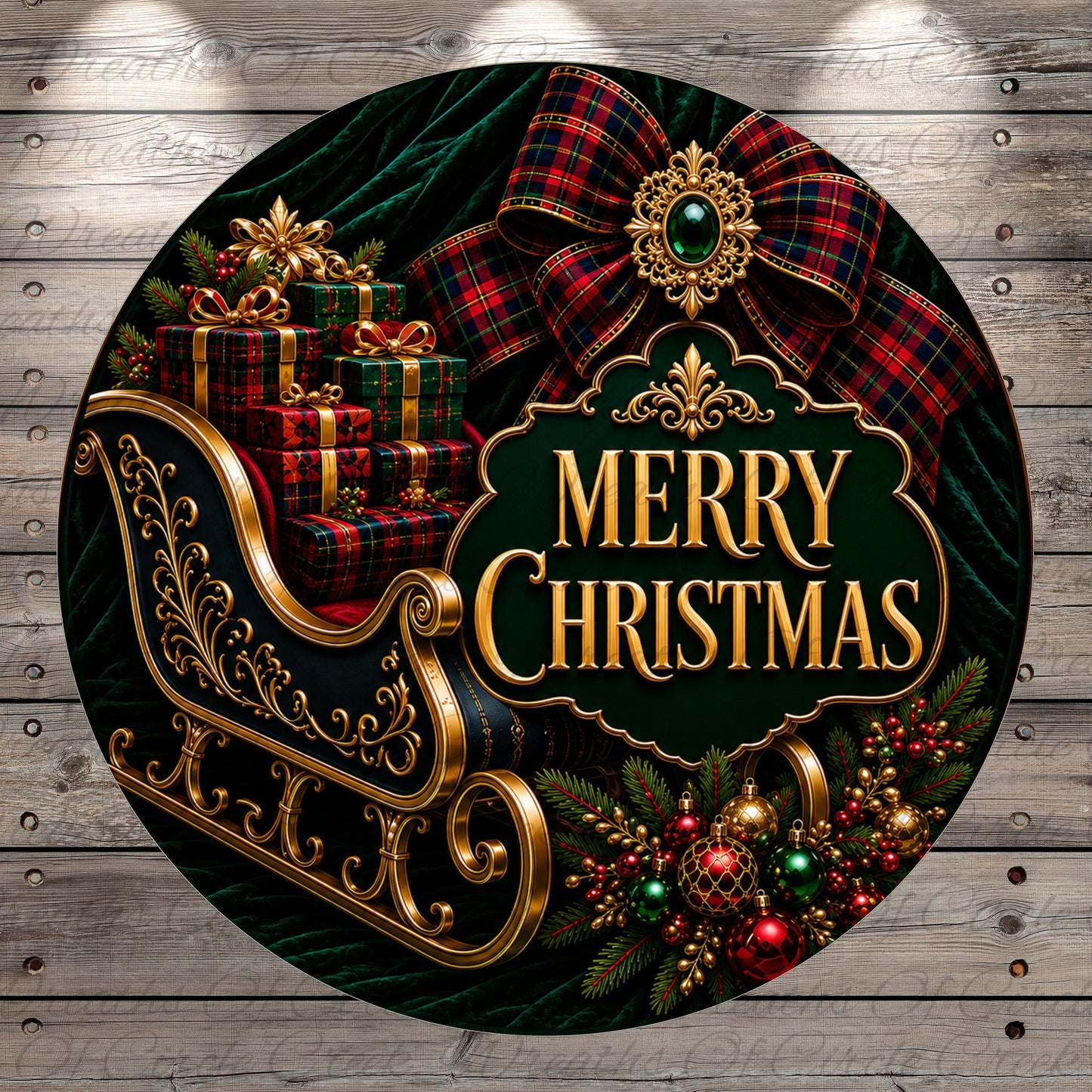 A festive Christmas scene with a sleigh, presents, and a "Merry Christmas" sign. The background is a dark green color with a red and gold plaid pattern.