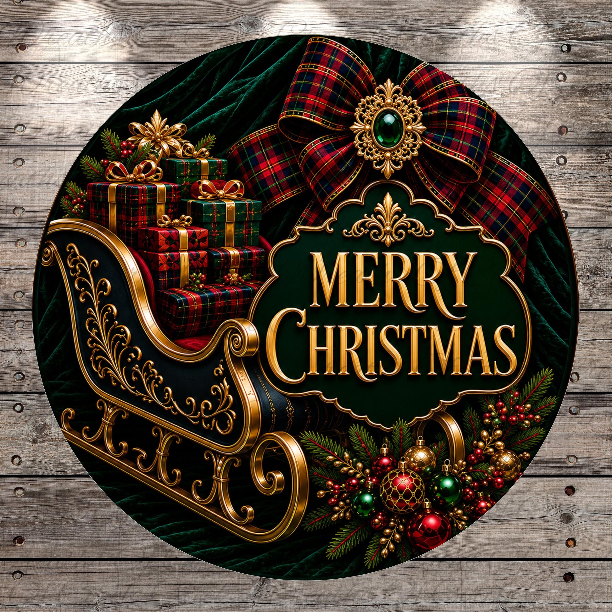 A festive Christmas scene with a sleigh, presents, and a "Merry Christmas" sign. The background is a dark green color with a red and gold plaid pattern.